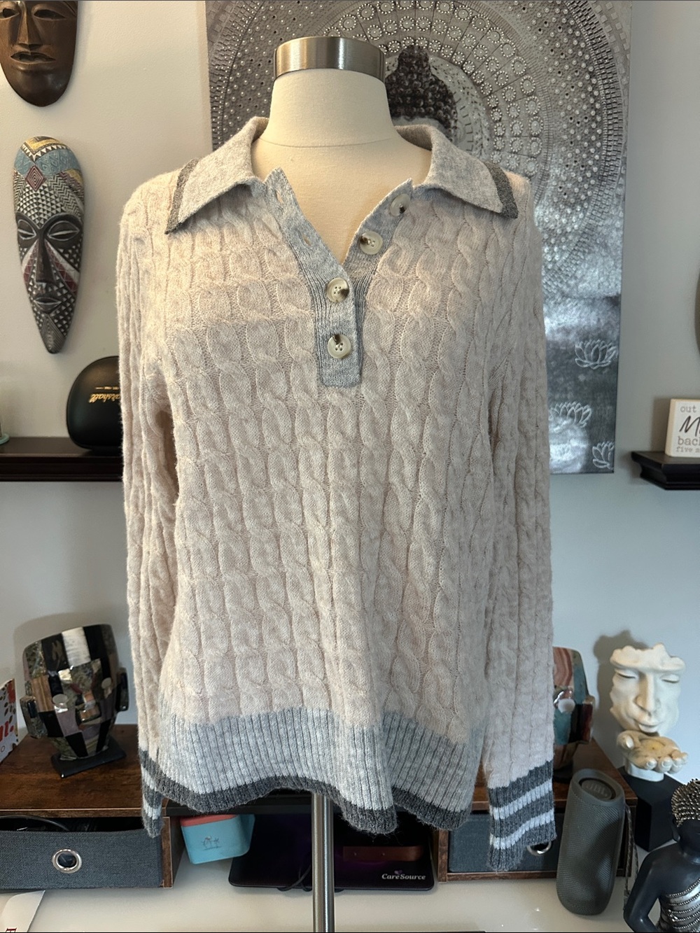 ViVI Cable Knit Collared Scoop Sweater in Light Taupe with Gray Trim